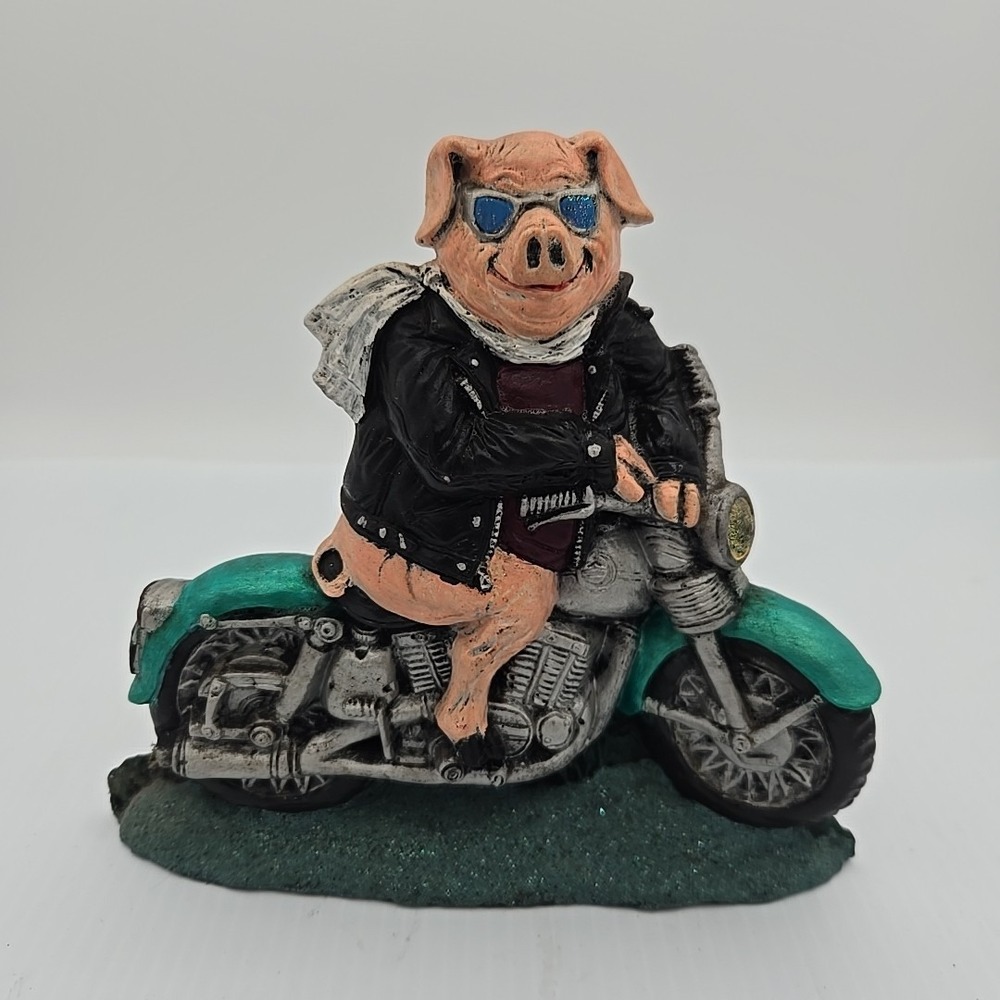 Harley Davidson Pig Hog Riding Motorcycle Ceramic Figurine Decor